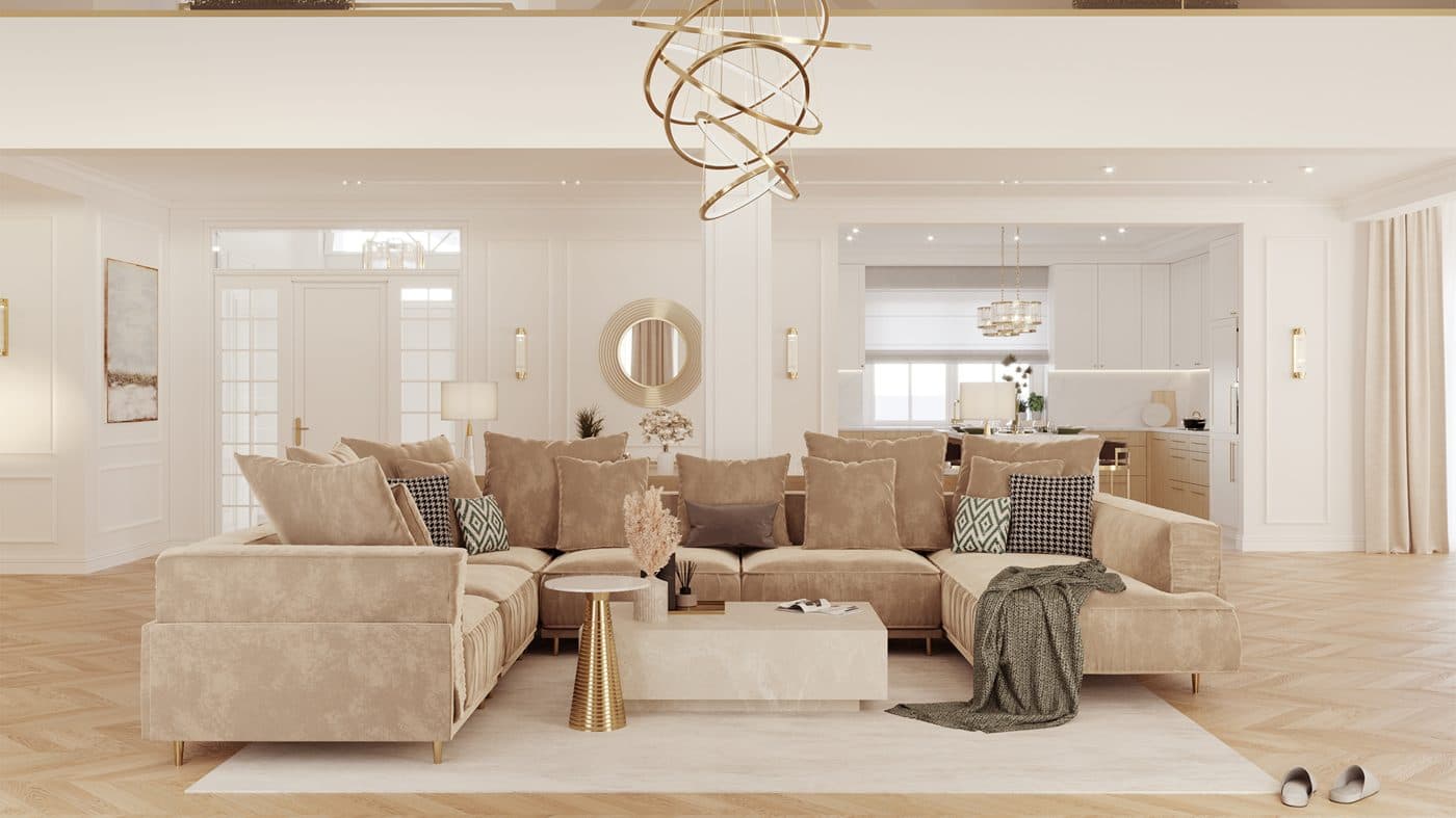 Jasny salon w stylu modern classic